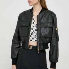 Elisabetta Franchi geaca bomber de piele femei, culoarea negru, de tranzitie