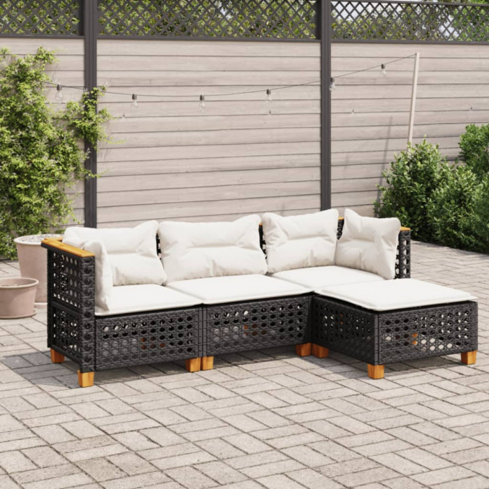 Set mobilier de gradina cu perne, 4 piese, negru, poliratan