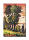 Cumpara ieftin Tablou pictat manual, Peisaj din natura, apus de soare, 30x20cm ulei pe panza, gata de agatat pe perete