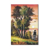 Tablou pictat manual, Peisaj din natura, apus de soare, 30x20cm ulei pe panza, Constantin Feraru