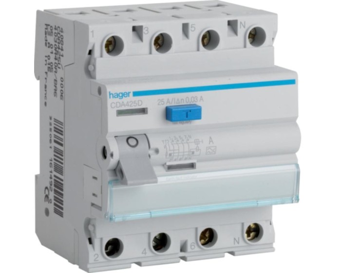 Diferential RCCB 25A 3P+N 30mA 6Ka tip A Hager CDA425D