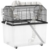 PawHut Cușcă pentru Hamsteri cu 2 Niveluri, Bază Ad&acirc;ncă, Roți, Tuburi, Bol, Sticlă de Apă și Rampă, 58x43x57 cm, Negru | Aosom Romania