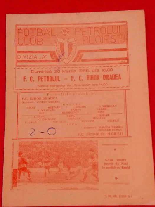 Program meci fotbal PETROLUL PLOIESTI - FC BIHOR ORADEA (30.03.1986)