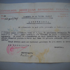 HOPCT DOCUMENT VECHI NR 508 CONSILIUL JUDETEAN SINDICAL TULCEA -ADEVERINTA 1948