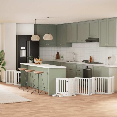 vidaXL Poartă c&amp;acirc;ini pliabilă cu ușă 15 panouri, alb, 750 cm, lemn plop 3155649 foto