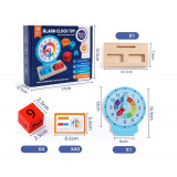 Jucarie Educativa si Interactiva Montessori, Ceas din Lemn cu Alarma, Diferite Forme Geometrice si Cartonase Multicolore