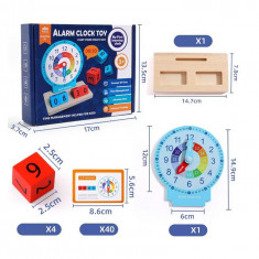 Jucarie Educativa si Interactiva Montessori, Ceas din Lemn cu Alarma, Diferite Forme Geometrice si Cartonase Multicolore