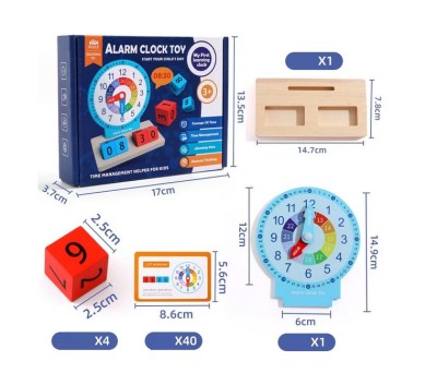 Jucarie Educativa si Interactiva Montessori, Ceas din Lemn cu Alarma, Diferite Forme Geometrice si Cartonase Multicolore foto