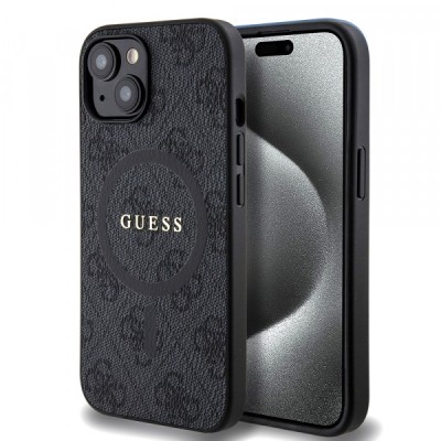 Husa MagSafe pentru Apple iPhone 15, Guess, 4G Ring Classic Logo, Neagra foto