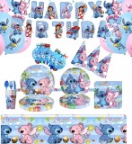 Set 147 piese vesela petrecere Lilo &amp; Stitch pentru 10 copii, stegulete decorative, fata de masa, servetele, pahare, farfurii, dragoni care sufla, pai