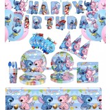 Set 147 piese vesela petrecere Lilo &amp; Stitch pentru 10 copii, stegulete decorative, fata de masa, servetele, pahare, farfurii, dragoni care sufla, pai