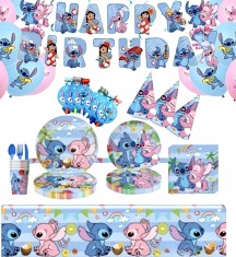 Set 147 piese vesela petrecere Lilo &amp;amp; Stitch pentru 10 copii, stegulete decorative, fata de masa, servetele, pahare, farfurii, dragoni care sufla, pai foto