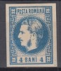 ROMANIA 1868 LP 23 REGELE CAROL I CU FAVORITI 4 BANI ALBASTRU LIPSA GUMA SARNIERA, Nestampilat
