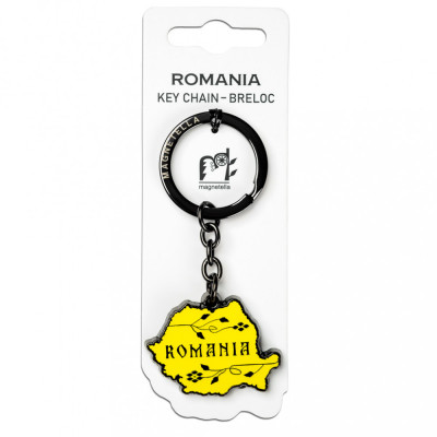 Breloc Romania, harta galbena, placare neagra, MB406 foto