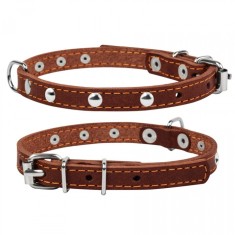 Collar, Zgarda XS, caini, din piele, 12mm latime, 24-32cm lungime, cu decor metalic, maro, 00236