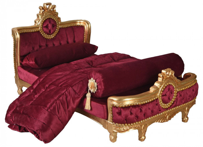 Sofa baroc pentru copii din lemn masiv cu tapiterie burgund CAT10022