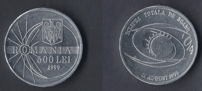 ROMANIA 1999 500 Lei -Eclipsa , Aluminiu, moneda circulatie in capsula plastic