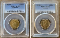 Lot monede AUR 20 lei 1883 si 20 lei 1890 , Carol I, certificate si gradate AU58
