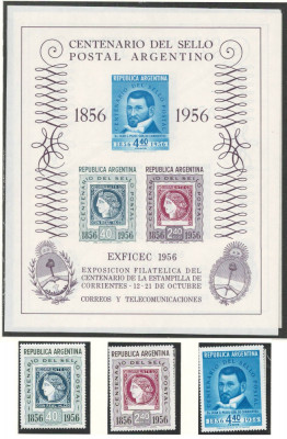 Argentina 1956 Mi 639/41 + bl 11 MNH - 100 de ani de timbre foto