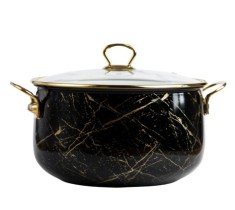 Cratita emailata, 20x13cm, 4 litri, manere titan aurii, capac sticla, inclusiv inductie, Goldmann, neagra foto