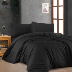 Lenjerie de pat dubla King, 3 piese, 220x240 cm, 60x60 cm, 100% bumbac ranforce, Patik, Black, negru