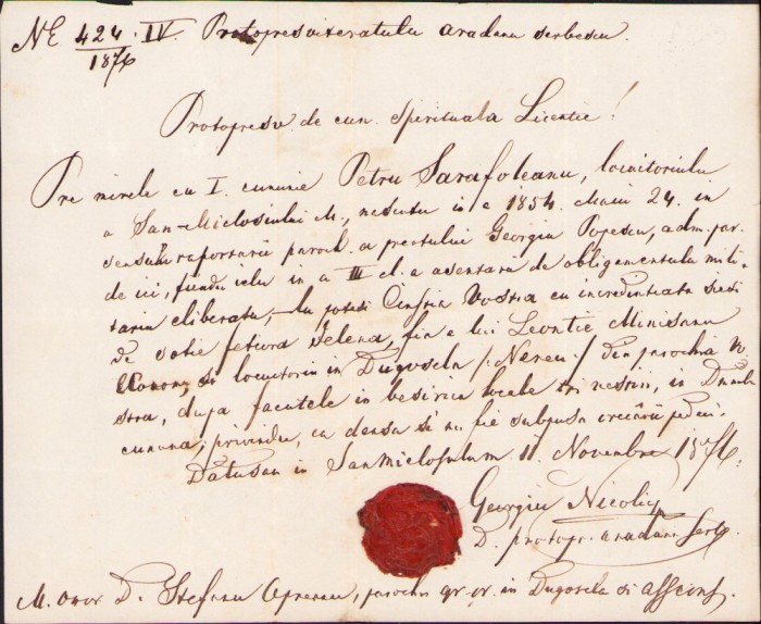 HST A1463 Licență căsătorie 1876 sigiliu ceară preot rom&acirc;n S&acirc;nnicolau Mare Timiș