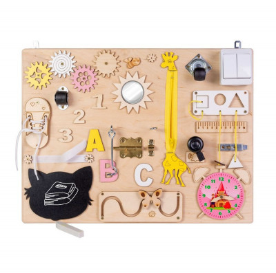 Placa senzoriala busy board, multiactivitati 3D, din lemn, 50 x 38 cm, pentru fetite foto