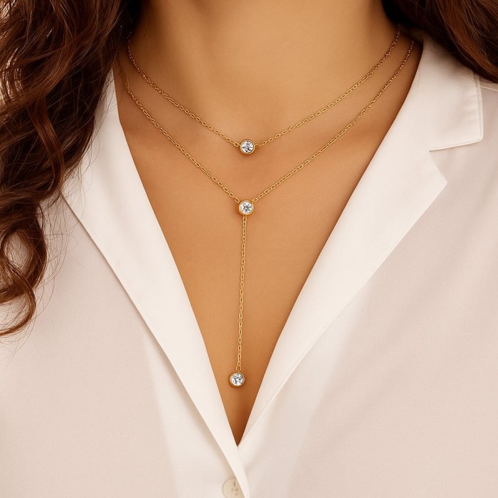 Colier dublu choker cu trei strasuri cristal elegant, auriu