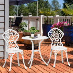 Outsunny Set pentru gradina 3 bucati din aluminiu alb cu design floral, 2 scaune pentru exterior 45x42x85.5 cm si masa rotunda &Oslash;61x66.5 cm