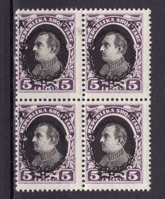 ✅ Albania 1927 &amp;quot; Presedintele Ahmed Zogu - supratipar &amp;quot; valoarea mare 5 Franc bloc de 4 , abklatsch supratipar ! , Michel 161 , cota 56 &amp;euro; , MNH foto