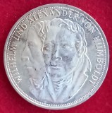 (A209) MONEDA ARGINT GERMANIA - 5 MARK 1967, LIT. F, WILHELM SI ALEXANDER VON HUMBOLDT, STARE FOARTE BUNA