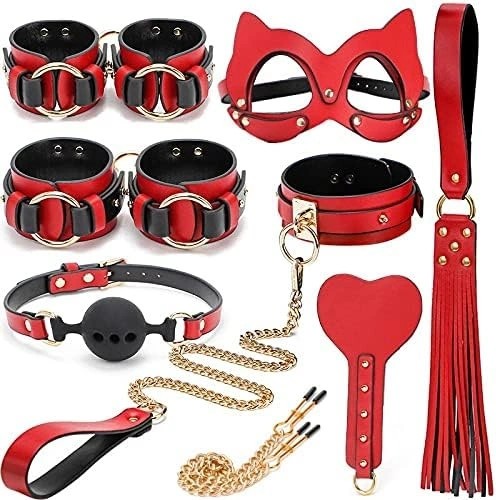 Set BDSM Luxury Cat Woman 8 Piese, Rosu/Negru, Guilty Toys