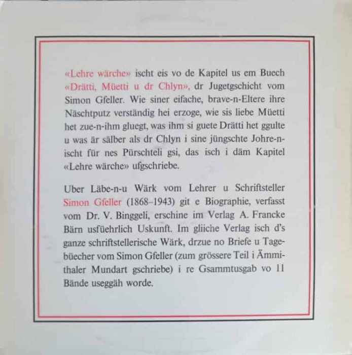 Disc vinil, LP. LEHRE WARCHE. EMMENTHALERMUNDART-SIMON GFELLER-242403