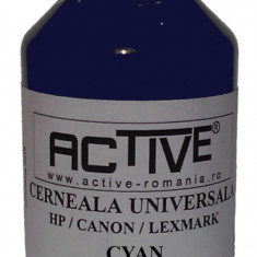 Cerneala refill Universala ACTIVE, 100 ml, CYAN / Albastru, compatibila cu cartuse inkjet HP, Lexmark, Canon