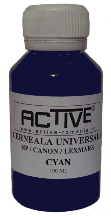 Cerneala refill Universala ACTIVE, 100 ml, CYAN / Albastru, compatibila cu cartuse inkjet HP, Lexmark, Canon