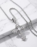 Set Lant Rasucit Argintiu si Pandantiv Cruce Gotica cu Zirconiu Inox Barbati