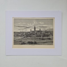 Hermannstadt / Sibiu: vedere generala / Transilvania, litografie din anul 1895, gravura - gravor J. Kirchner, 20 x 25 cm (cu paspartu), semnata