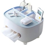 Suport pentru Servetele, Cutie Multifunctionala, Design Minimalist, ABS, cu Suport pentru Obiectele Personale, pentru Birou, 21x12x12 cm, Albastru