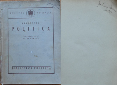 Aristotel , Politica , 1924 , exemplar semnat in 2 locuri de Zaharia Stancu foto