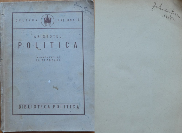 Aristotel , Politica , 1924 , exemplar semnat in 2 locuri de Zaharia Stancu