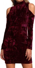 ivimos Rochie mini de iarna din catifea zdrobita pentru femei, cu maneci lungi, cu umar rece, cu gat inalt, mini rochie visiniu X-Large foto