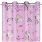 Perdea Pufo cu model unicorni, 140 x 260 cm, roz