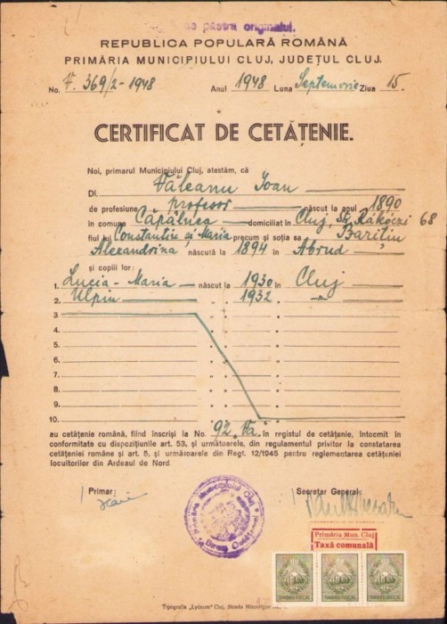 A1149 Certificat de cetățenie, 1948, Cluj, profesor Ioan Văleanu