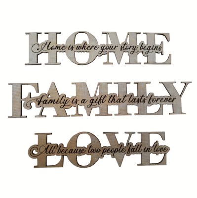 Set decoratiuni, 3 piese &amp;ldquo;Home, Family, Love&amp;rdquo;, mesaj gravat, lemn foto