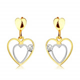Cercei din aur combinat de 9K &ndash; dublu contur inimă, inimă mică plată, zircon
