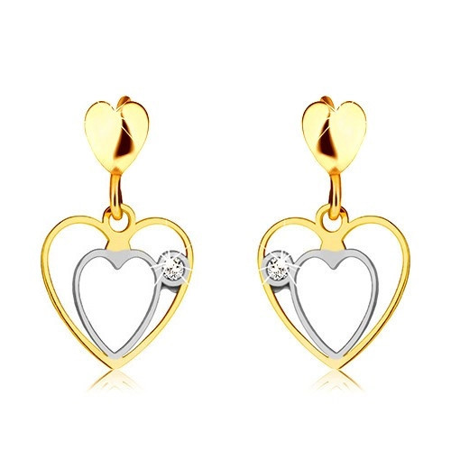 Cercei din aur combinat de 9K &ndash; dublu contur inimă, inimă mică plată, zircon