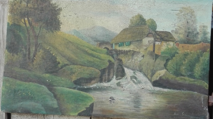 Tablou peisaj de toamna din satul Rosiori Botosani semnat Ivan Simion 1974.