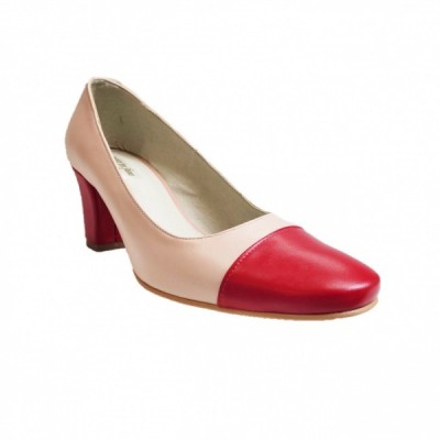 Pantofi eleganti dama, bej cu rosu, din piele naturala box, toc 6 cm - NA87BEJR foto