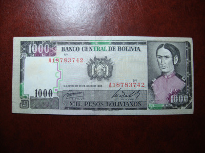 BOLIVIA 1000 BOLIVIANOS 1982 XF + foto