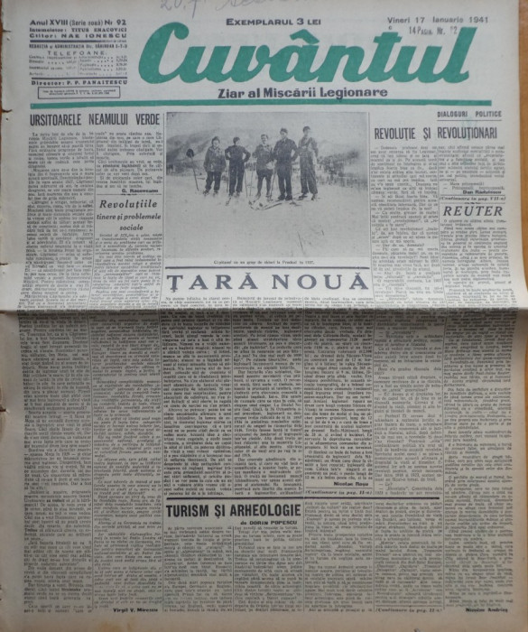 Cuvantul , ziar al miscarii legionare , 17 ianuarie 1941 , nr. 92